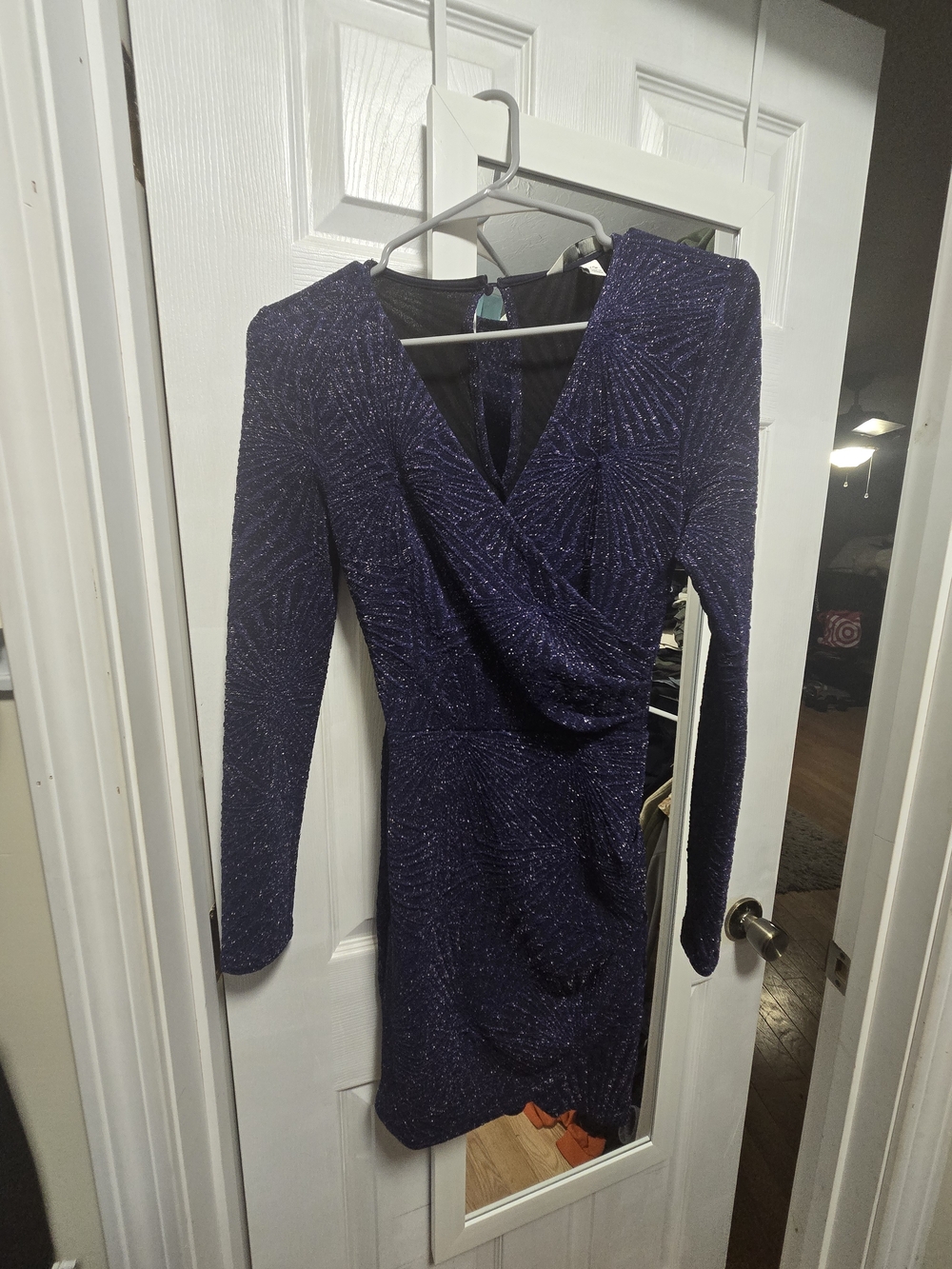 Speechless Sparkle Deep Blue Long Sleeve Wrap-Style Dress